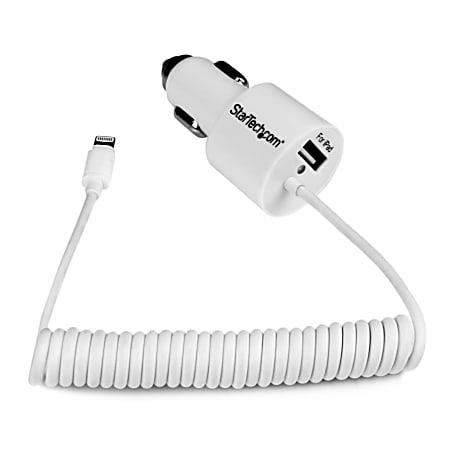 StarTech.com Dual Port Car Charger w/ Apple 8-pin Lightning Connector & USB Port - High Power (21W / 4.2A) - Dual iPad Car Charger (USBLT2PCARW) - Car power adapter - 21 Watt - 4.2 A (USB, Lightning) - white