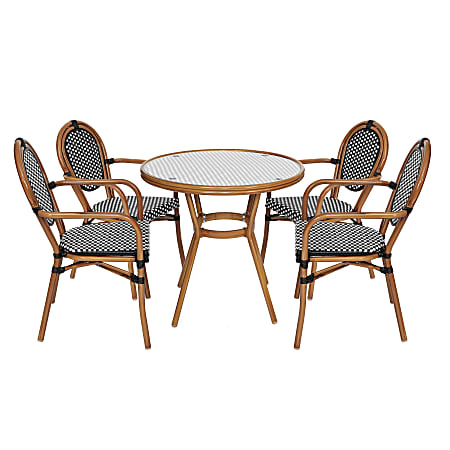Flash Furniture Lourdes Indoor/Outdoor Commercial Bistro 31.5" Table, 4 Stack Chairs, Black & White Rattan/Natural Frame, SDA64280402ABWN