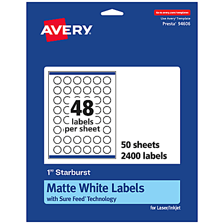 Avery® Matte Labels With Sure Feed®, 94606-WMP50, Starburst,