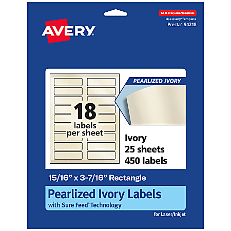 Avery® Pearlized Permanent Labels With Sure Feed®, 94218-PIP25, Rectangle, 15/16" x 3-7/16", Ivory, Pack Of 450 Labels