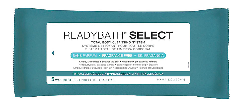 ReadyBath SELECT Medium-Weight Cleansing Washcloths, Unscented, 8" x 8", White, 5 Washcloths Per Pack, Case Of 30 packs