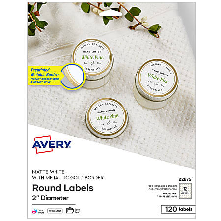 Avery® Printable Labels With Metallic Border, Round, 2" diameter, Matte White/Gold, Pack Of 120