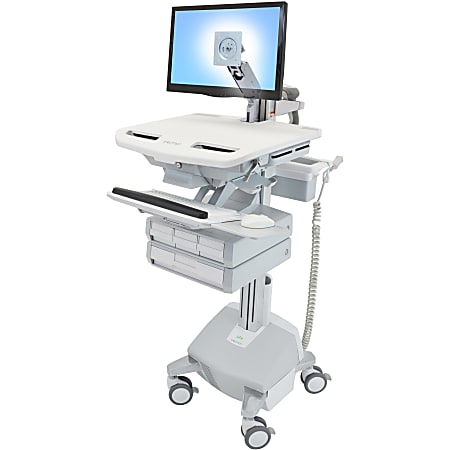 Ergotron StyleView Cart with LCD Arm, LiFe Powered, 4 Drawers - 4 Drawer - 34 lb Capacity - 4 Casters - Aluminum, Plastic, Zinc Plated Steel - White, Gray, Polished Aluminum