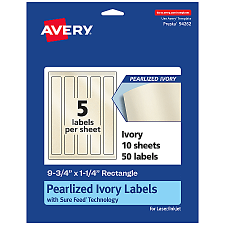 Avery® Pearlized Permanent Labels With Sure Feed®, 94262-PIP10, Rectangle, 9-3/4" x 1-1/4", Ivory, Pack Of 50 Labels