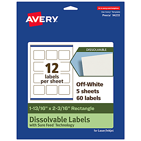 Avery® Print-to-the-Edge Dissolvable Labels With Sure Feed® Technology, 94233-DWMP5, Rectangle, 1-13/16"x2-3/16", Matte Off-White, Pack Of 60