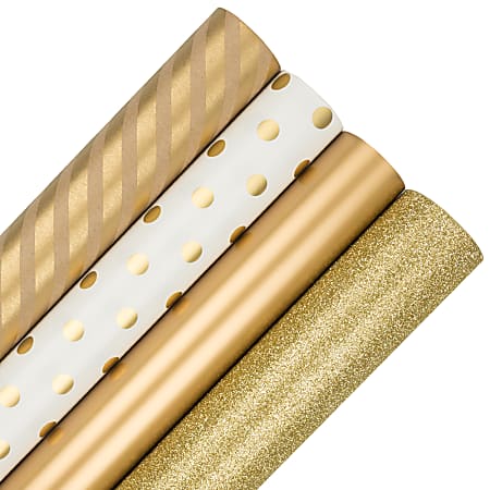 JAM Paper® Wrapping Paper, 25 Sq Ft, Gold Assortment, Pack of 4 Rolls