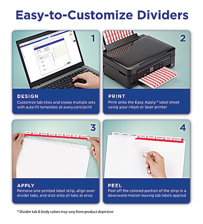 Avery® Print & Apply Clear Label Dividers With Index Maker® Easy Apply™  Printable Label Strip And Color Tabs, 8-Tab, Multicolor, Box Of 25 Sets