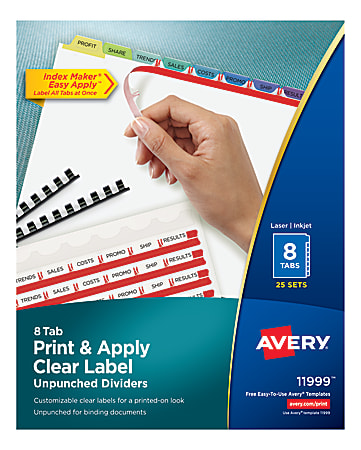 Avery® Print & Apply Clear Label Dividers With Index Maker® Easy Apply™ Printable Label Strip And Color Tabs, 8-Tab, Multicolor, Box Of 25 Sets