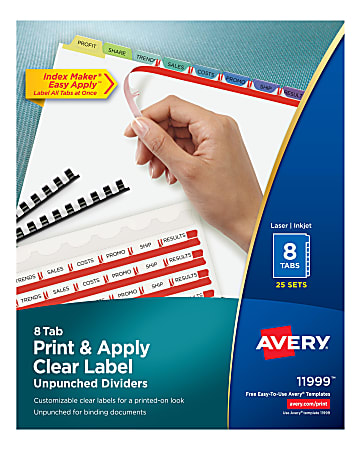 Avery Print Apply Clear Label Dividers With Index Maker Easy Apply Printable  Label Strip And Color Tabs 8 Tab Multicolor Box Of 25 Sets - Office Depot