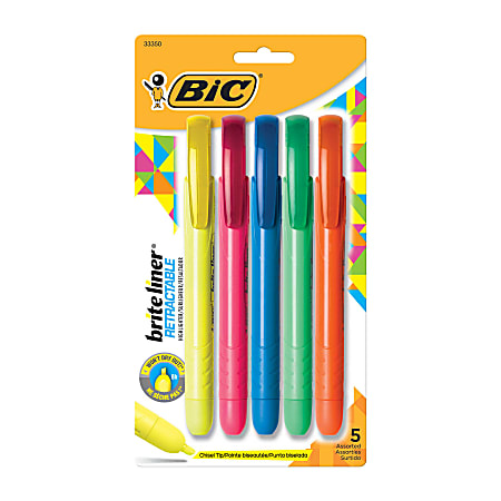 BIC Brite Liner Retractable Highlighters, Assorted Colors, Pack Of 5
