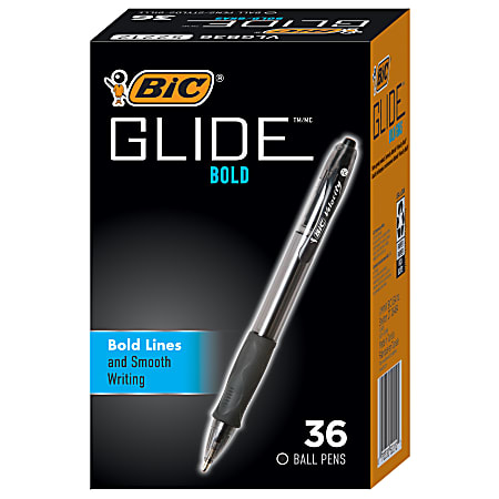 BIC® Glide® Bold Ballpoint Pens, Bold Point, 1.6 mm, Translucent Barrel, Black Ink, Pack Of 36