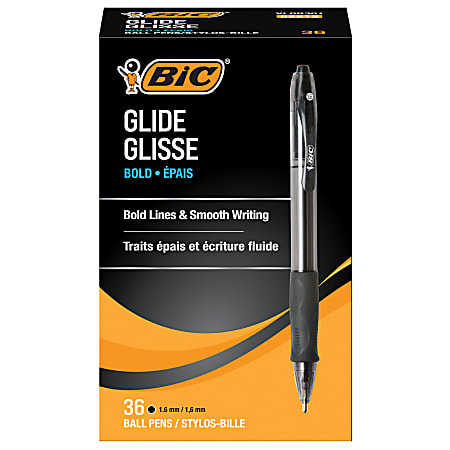 BIC® Glide® Bold Ballpoint Pens, Bold Point, 1.6 mm, Translucent Barrel, Black Ink, Pack Of 36