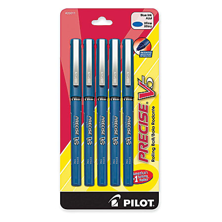 Pilot® Precise™ V5 Liquid Ink Rollerball Pens, Extra Fine Point, 0.5 mm, Blue Barrel, Blue Ink, Pack Of 5 Pens
