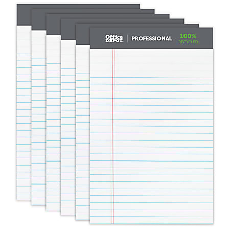 Office Depot® Brand Professional Writing Pads, 5" x 8", Narrow Ruled, 50 Sheets, 100% Recycled, White, Pack Of 6