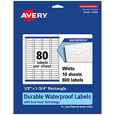 Avery® Waterproof Permanent Labels With Sure Feed®, 94203-WMF10, Rectangle, 1/2" x 1-3/4", White, Pack Of 800