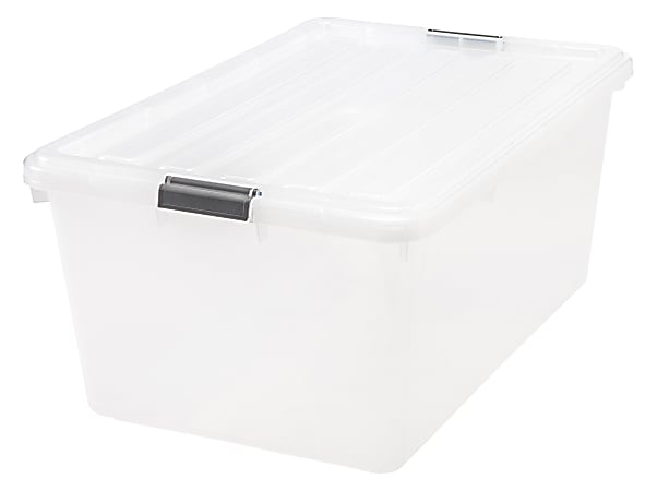 IRIS® Buckle Down Plastic Storage Container With Built-In Handles And Snap Lid, 68 Quarts, 11 3/4" x 17 1/4" x 26 1/8", Clear