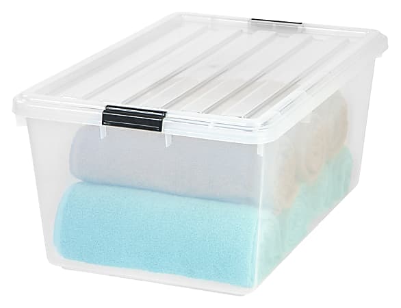 IRIS Buckle Down Plastic Storage Container With Built In Handles And Snap  Lid 68 Quarts 11 34 x 17 14 x 26 18 Clear - Office Depot