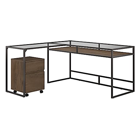 Bush Furniture Anthropology 60"W Glass Top L-Shaped Desk With 2-Drawer Mobile File Cabinet, Rustic Brown Embossed, Standard Delivery