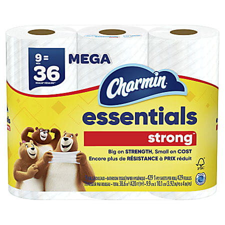 Charmin Essentials Strong Mega 2-Ply Toilet Paper Rolls, 4" x 4-1/2", White, 429 Sheets Per Roll, Pack Of 9 Rolls