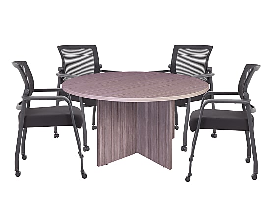 Boss Office Products 47" Round Table And Mesh Guest Chairs With Casters Set, Driftwood/Black