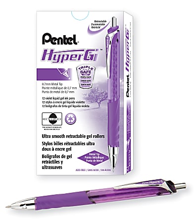 Pentel® HyperG™ Retractable Gel Roller Pens, Medium Point, 0.7 mm, 57% Recycled, Violet Barrel, Violet Ink, Pack Of 12
