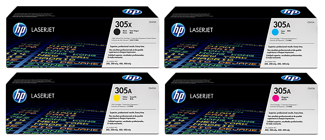 HP 305X/305A High-Yield Black And Cyan, Magenta, Yellow Toner Cartridges Combo, Pack Of 4, CE410X,CE411A,CE412A,CE413A