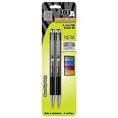 Zebra® Pen 301A Retractable Ballpoint Pens, Pack Of 2, Fine Point, 0.7 mm, Gray Barrel, Black Ink