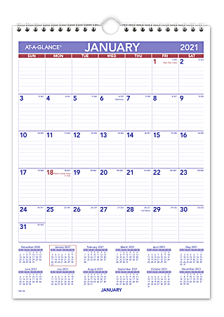 AT-A-GLANCE® Mini Monthly Wall Calendar, 8" x 11", January To December 2021, Blue/Red/White, PM128