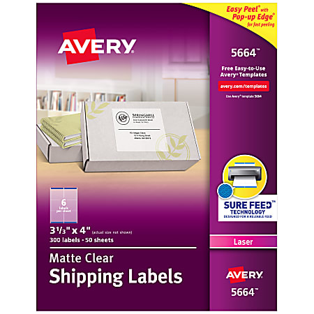 Avery® Matte Shipping Labels With Sure Feed® Technology, 5664, Rectangle, 3-1/3" x 4", Clear, Pack Of 300