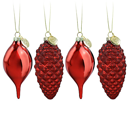Martha Stewart Holiday Pointy Ball And Pinecone 4-Piece Ornament Set, Red