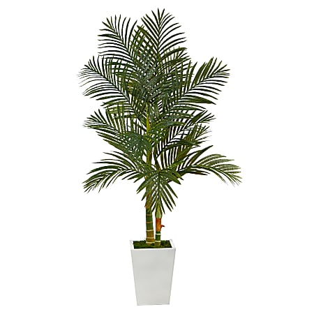Nearly Natural Golden Cane Palm 66”H Artificial Plant With Metal Planter, 66”H x 23”W x 21”D, Green/White
