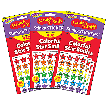 Trend Stinky Stickers, Colorful Star Smiles, 432 Stickers Per Pack, Set Of 3 Packs