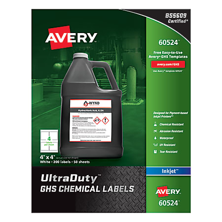 Avery® UltraDuty GHS Chemical Labels For Pigment-Based Inkjet Printers, 60524, 4" x 4", White, Pack Of 200