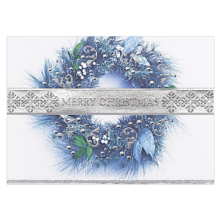 Custom Embellished Holiday Cards And Foil Envelopes, 7-7/8" x 5-5/8", Band Of Silver, Box Of 25 Cards
