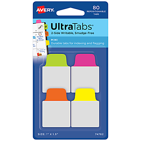 Avery® Mini Ultra Tabs®, 1" x 1.5", Assorted Neon, Set Of 80 Repositionable Tabs