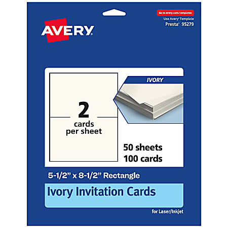 Avery® Printable Invitation Cards, 95279-MIC50, Rectangle, 5.5" x 8.5", Matte Ivory, Pack Of 100