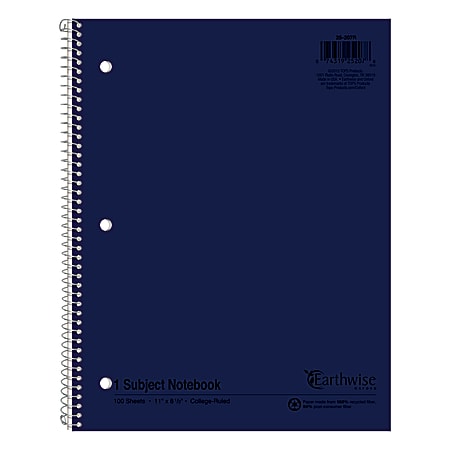Ampad® Oxford® Earthwise 3HP Notebook, Letter Size (8 1/2" x 11"), 100 Sheets, 50% Recycled, Assorted Colors