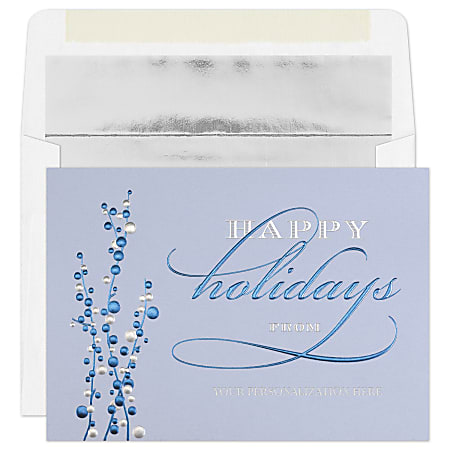 Custom Embellished Holiday Cards And Foil Envelopes, 7-7/8" x 5-5/8", Cheerful Blues, Box Of 25 Cards