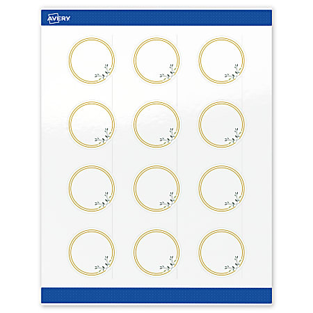 Avery® Print-To-The-Edge Labels & Sure Feed®, S00-D2N-PRWGP10, 2" Round, Glossy White, Preprinted Double Gold Border & Floral Design, Pack Of 120