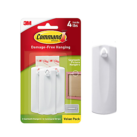 Command Sawtooth Picture Hangers Value Pack, White, 3 hangers, 6 strips, 17042-ES