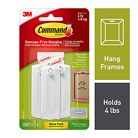 Command Sawtooth Picture Hangers Value Pack White 3 hangers 6 strips 17042 ES Office Depot
