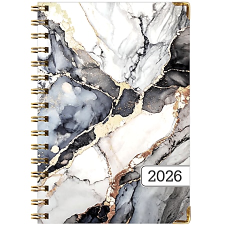2025-2026 Global Excello Brands Hardcover Fashion Weekly/Monthly Planner, 5-1/2” x 8", Black Gold Marble, November 2025 To December 2026