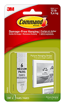 Command Medium Picture Hanging Strips 6 Pairs 12 Command Strips Damage Free  White - Office Depot