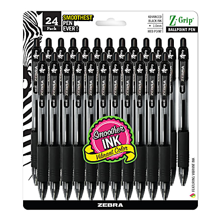 Zebra® Pen Z-Grip® Retractable Ballpoint Pens, Pack Of 24, Medium Point, 1.0 mm, Clear Barrel, Black Ink
