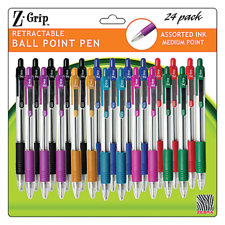 Zebra® Z-Grip™ Retractable Ballpoint Pens, Medium Point, 1.0 mm, Clear Barrels, Assorted Ink Colors, Pack Of 24