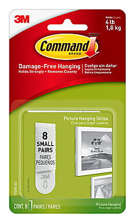 Command Picture Hanging Strips 8 Pairs 16 Command Strips Damage Free White  - Office Depot