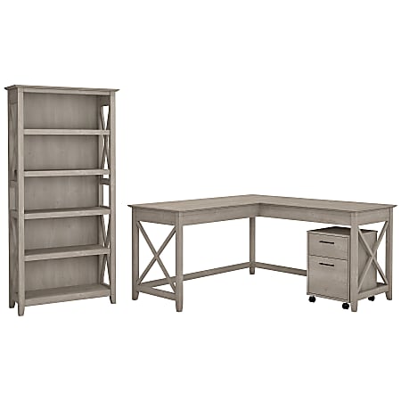 Bush Business Furniture Key West 60"W L-Shaped Corner Desk With Mobile File Cabinet And 5 Shelf Bookcase, Washed Gray, Standard Delivery