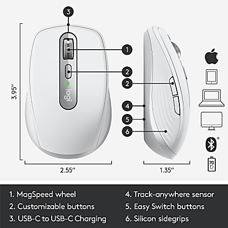Logitech MX Anywhere 3 for Mac Compact Performance Mouse Wireless Pale Gray  Darkfield Wireless Bluetooth Pale Gray 4000 dpi Scroll Wheel 6 Buttons -  Office Depot