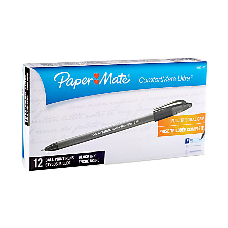 Paper Mate® Comfortmate™ Ultra Ballpoint Stick Pens, Fine Point, 0.8 mm, Black Barrel, Black Ink, Pack Of 12