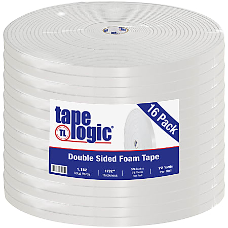 Tape Logic® Double-Sided Foam Tape, 3" Core, 0.75" x 216', White, Case Of 16